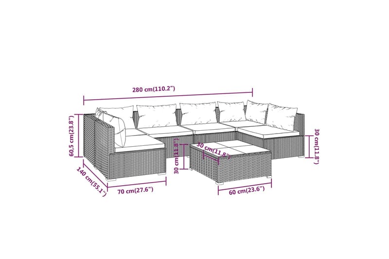 loungesæt til haven 7 dele med hynder polyrattan brun - Brun - Altanmøbler - Sofagrupper udendørs - Loungesæt