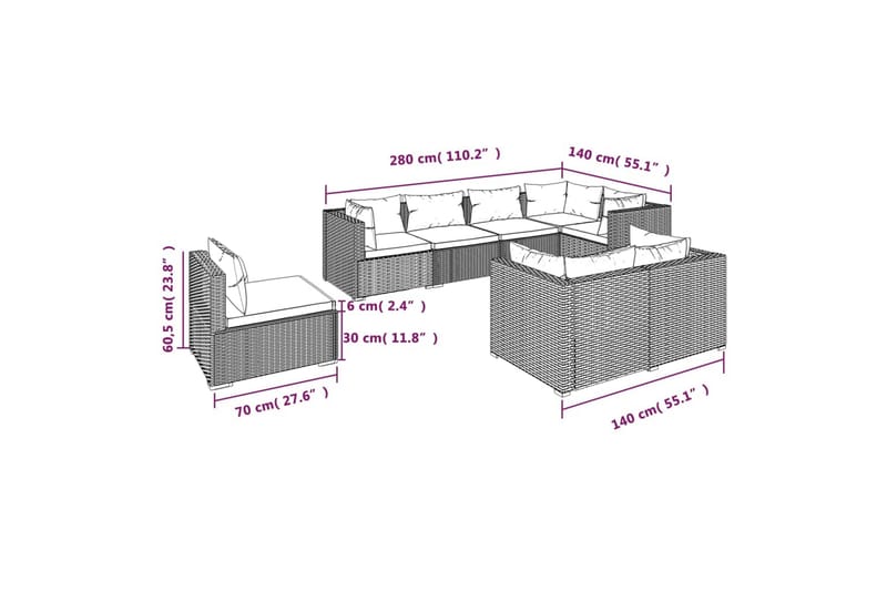 loungesæt til haven 8 dele med hynder polyrattan sort - Sort - Havemøbler - Loungemøbler - Loungesæt