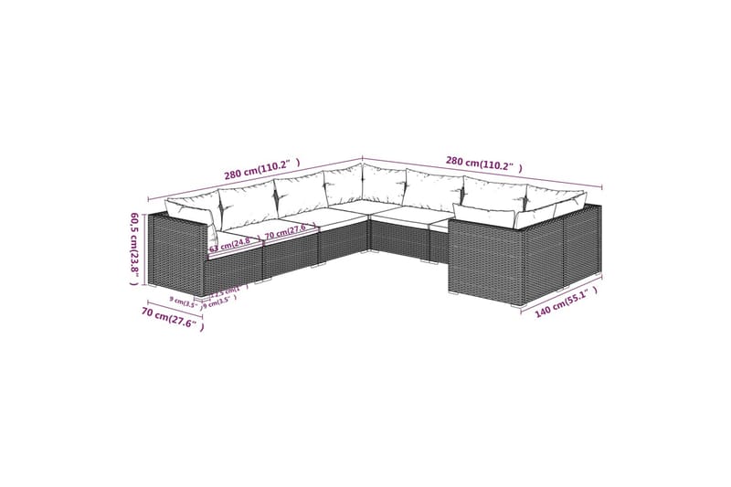 loungesæt til haven 8 dele med hynder polyrattan brun - Brun - Havemøbler - Loungemøbler - Loungesæt