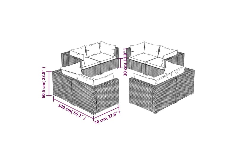 loungesæt til haven 8 dele med hynder polyrattan grå - Grå - Havemøbler - Loungemøbler - Loungesæt