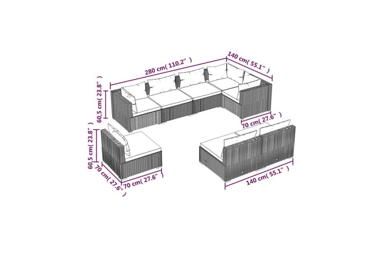 loungesæt til haven 8 dele med hynder polyrattan brun - Brun - Havemøbler - Loungemøbler - Loungesæt