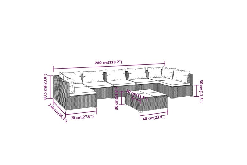 loungesæt til haven 8 dele med hynder polyrattan brun - Brun - Havemøbler - Loungemøbler - Loungesæt