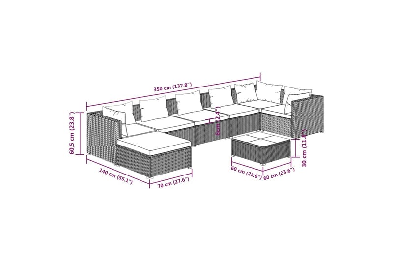 loungesæt til haven 8 dele med hynder polyrattan brun - Brun - Altanmøbler - Sofagrupper udendørs - Loungesæt