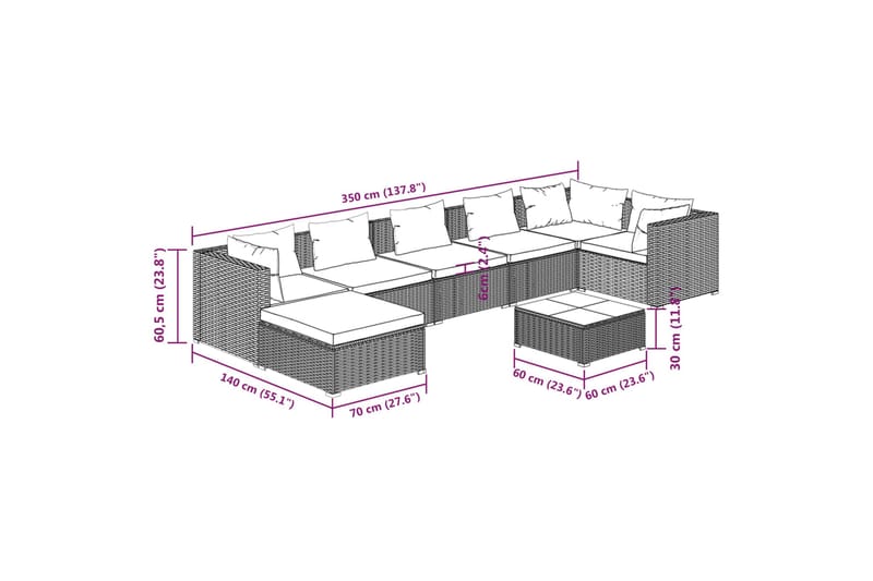 loungesæt til haven 8 dele med hynder polyrattan grå - Grå - Havemøbler - Loungemøbler - Loungesæt