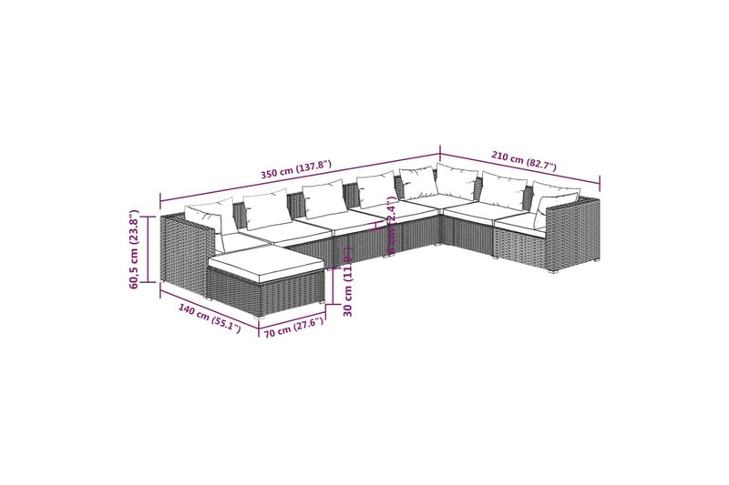 loungesæt til haven 8 dele med hynder polyrattan brun - Brun - Havemøbler - Loungemøbler - Loungesæt