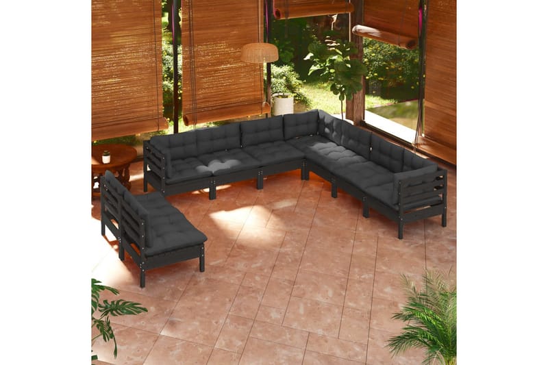 loungesæt til haven 9 dele med hynder massivt fyrretræ sort - Sort - Altanmøbler - Sofagrupper udendørs - Lounges�æt