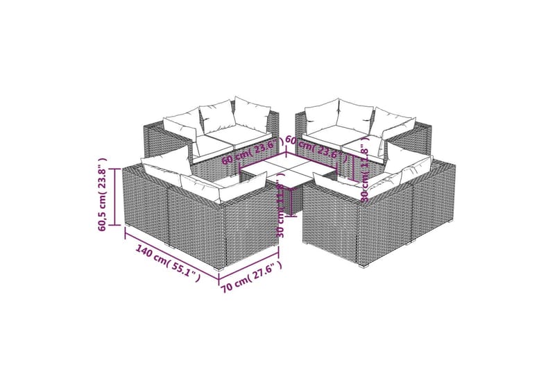 loungesæt til haven 9 dele med hynder polyrattan grå9 - Grå - Havemøbler - Loungemøbler - Loungesæt