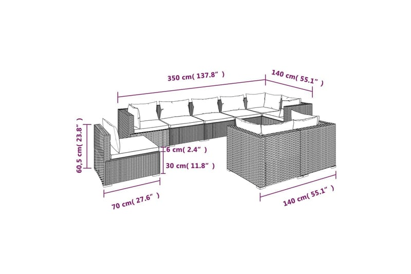 loungesæt til haven 9 dele med hynder polyrattan brun - Brun - Havemøbler - Loungemøbler - Loungesæt