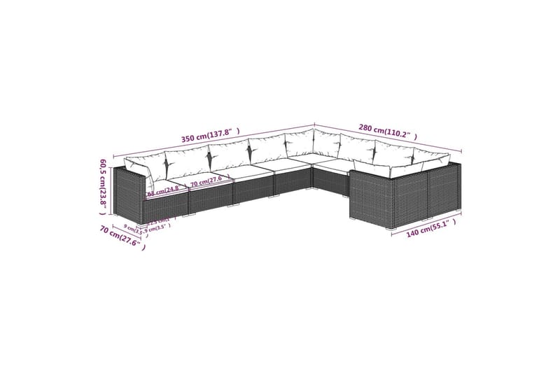 loungesæt til haven 9 dele med hynder polyrattan brun - Brun - Havemøbler - Loungemøbler - Loungesæt