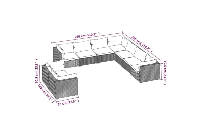 loungesæt til haven 9 dele med hynder polyrattan brun - Brun - Havemøbler - Loungemøbler - Loungesæt