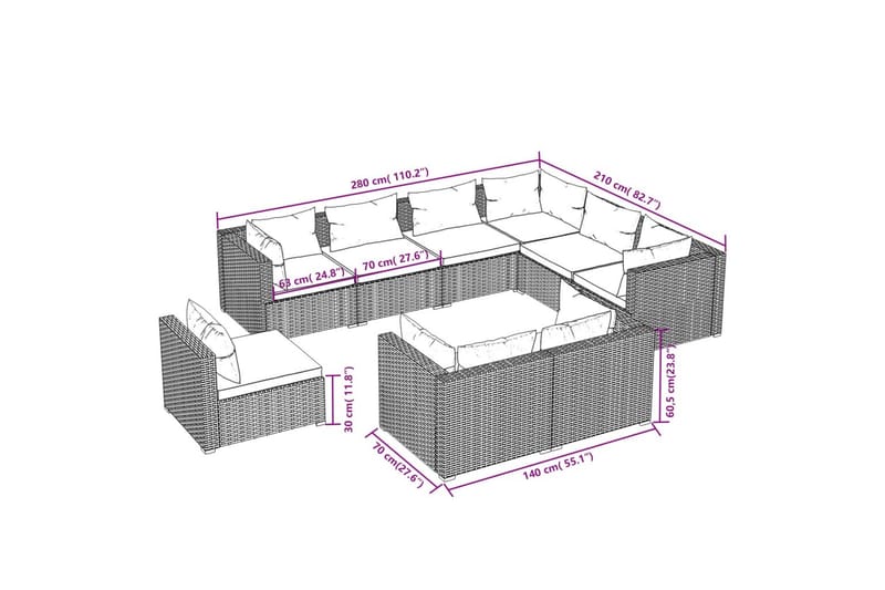 loungesæt til haven 9 dele med hynder polyrattan brun - Brun - Havemøbler - Loungemøbler - Loungesæt