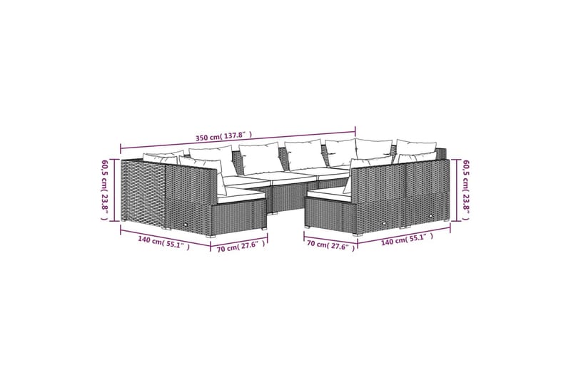 loungesæt til haven 9 dele med hynder polyrattan brun - Brun - Havemøbler - Loungemøbler - Loungesæt