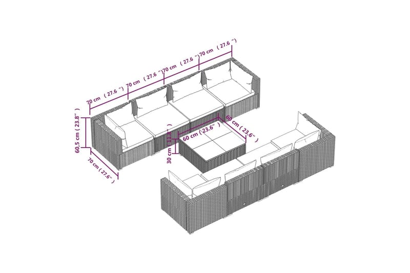 loungesæt til haven 9 dele med hynder polyrattan brun - Brun - Havemøbler - Loungemøbler - Loungesæt