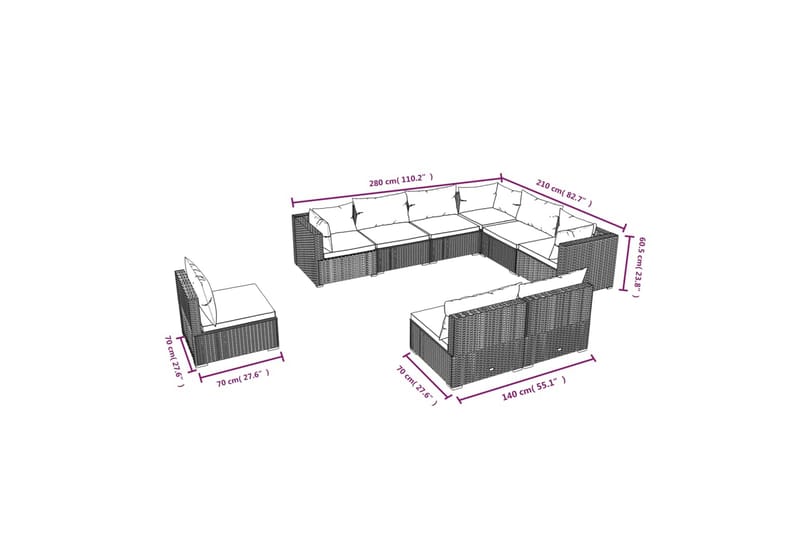 loungesæt til haven 9 dele med hynder polyrattan brun - Brun - Havemøbler - Loungemøbler - Loungesæt