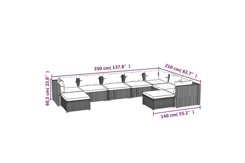 loungesæt til haven 9 dele med hynder polyrattan brun - Brun - Havemøbler - Loungemøbler - Loungesæt
