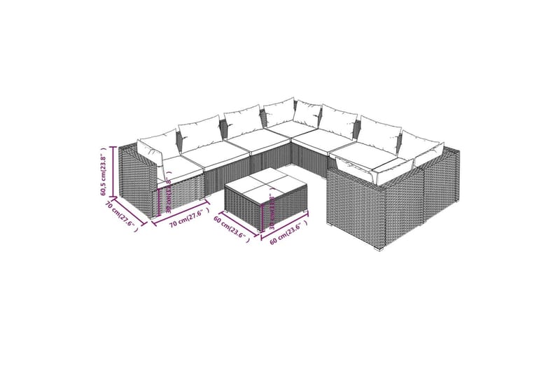 loungesæt til haven 9 dele med hynder polyrattan brun - Brun - Havemøbler - Loungemøbler - Loungesæt