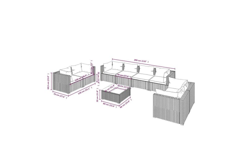 loungesæt til haven 9 dele med hynder polyrattan grå - Grå - Havemøbler - Loungemøbler - Loungesæt