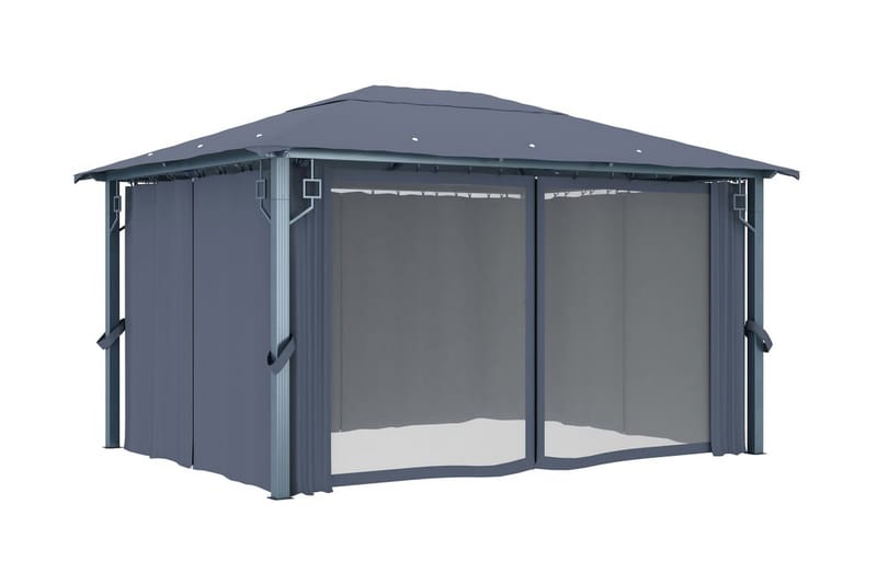 pavillon med gardin og lyskæder 400x300 cm aluminium - Antracit - Havemøbler - Solafskærmning - Havepavilloner - Komplet pavillon