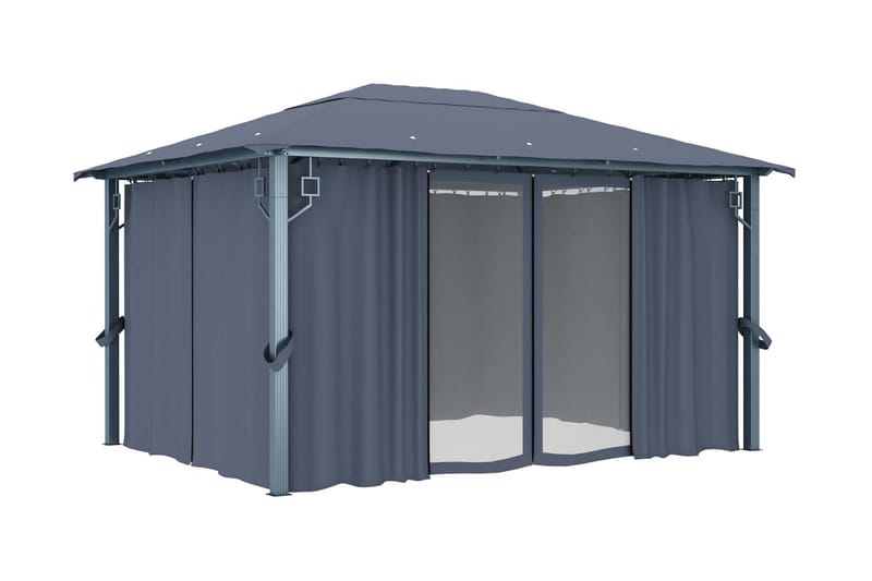 pavillon med gardin og lyskæder 400x300 cm aluminium - Antracit - Havemøbler - Solafskærmning - Havepavilloner - Komplet pavillon