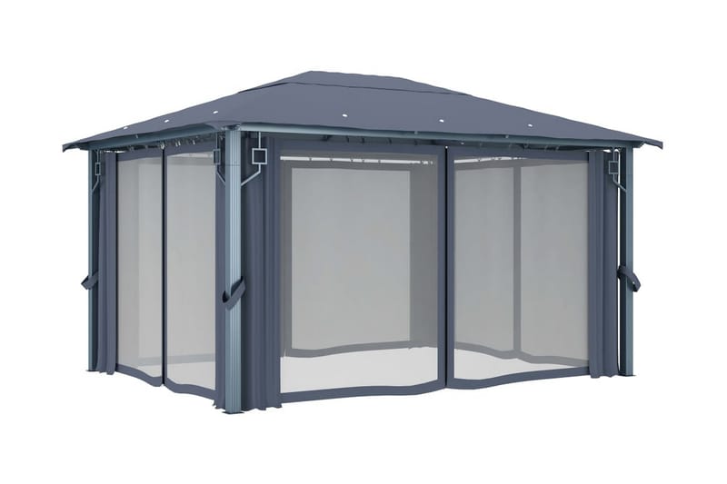 pavillon med gardin og lyskæder 400x300 cm aluminium - Antracit - Havemøbler - Solafskærmning - Havepavilloner - Komplet pavillon