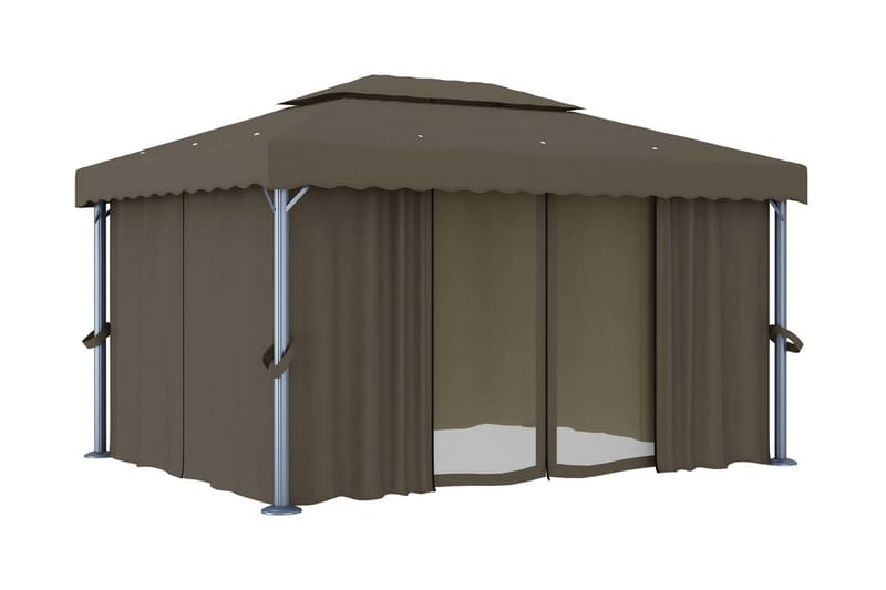 pavillon med gardin og lyskæder 4x3 m gråbrun - Gråbrun - Havemøbler - Solafskærmning - Havepavilloner - Komplet pavillon