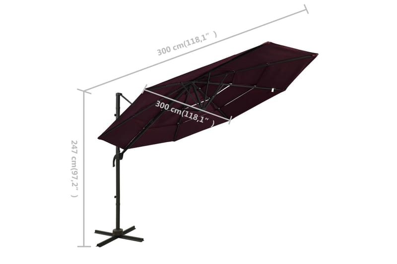 parasol med aluminiumsstang 3 niveauer 3x3 m bordeaux - Rød - Havemøbler - Solafskærmning - Parasoller