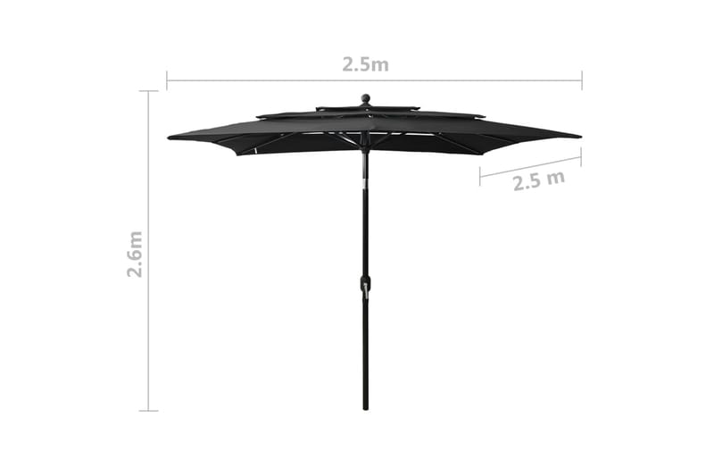 parasol med aluminiumsstang i 3 niveauer 2,5x2,5 m sort - Havemøbler - Solafskærmning - Parasoller