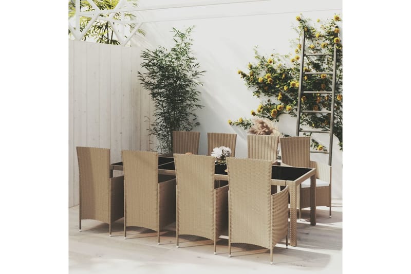 beBasic udendørs spisebordssæt 9 dele med hynder polyrattan beige - Beige - Havemøbler - Udendørsgruppe - Havesæt