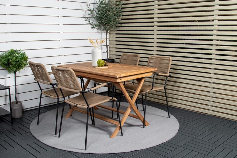 Kenya Spisegruppe 120 cm + 4 Lindos Armlænsstole - Sort/Beige - Havemøbler - Udendørsgruppe - Havesæt