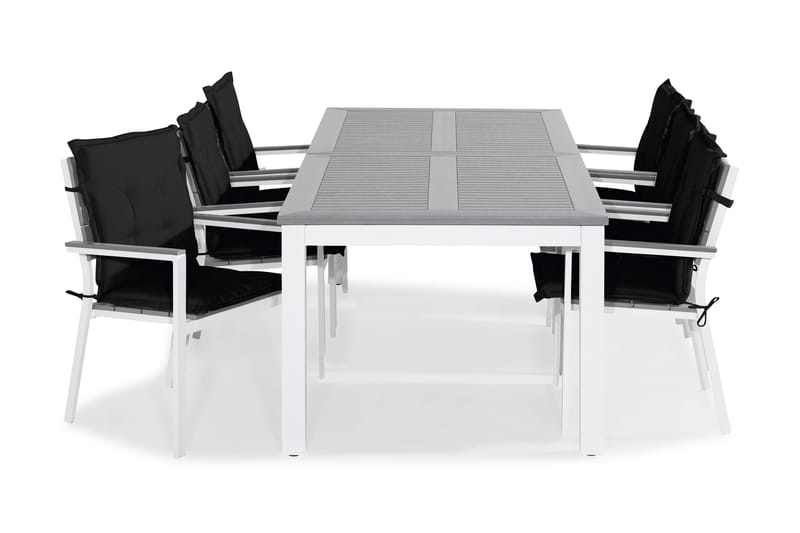Monaco Spisebordssæt 220-280x100 + 6 Tunis Stabelstol m. Hyn - Hvid/Grå/Sort - Havemøbler børn - Havesæt