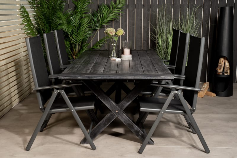 Rives Spisebordssæt 200cm + 6 Break Positionsstole Sort/Grå - Venture Home - Havesæt