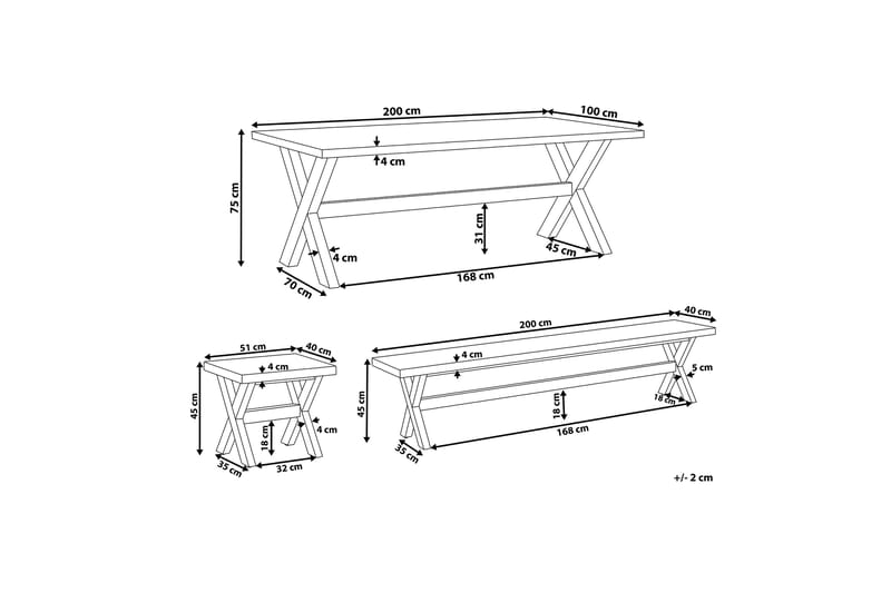 Terranoa Spisebordssæt 200 cm + 2 Bænke + 2 Puffer - Grå/Akacie - Havemøbler - Udendørsgruppe - Havesæt