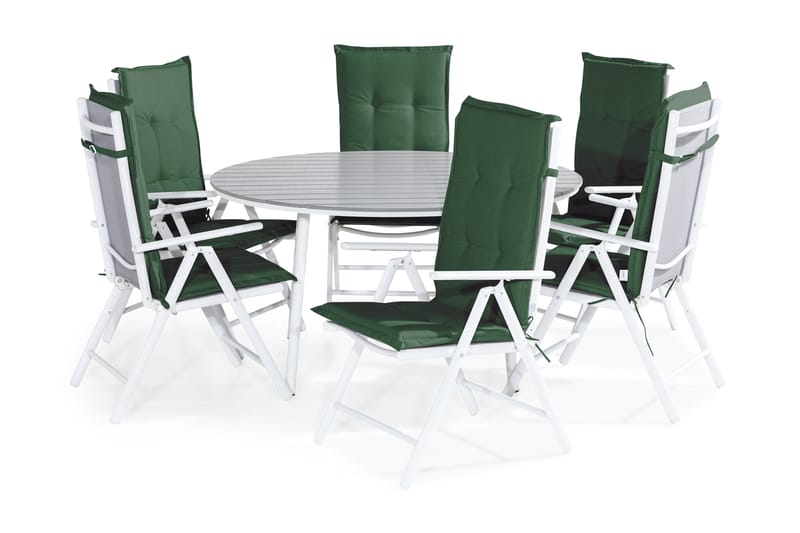 Tunis Spisebordssæt 140 Rund + 6 Maggie Positionsstol m. Hyn - Hvid/Grå/Grøn - Havesæt