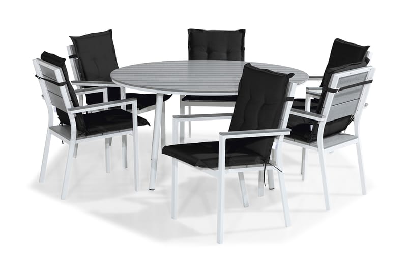 Tunis Spisebordssæt 140 Rund + 6 Stabelstole m. Hynde - Hvid/Grå/Sort - Havemøbler børn - Havesæt