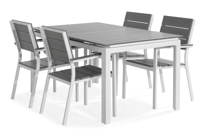 Tunis Spisebordssæt 152-210x90 + 4 Stabelstole - Hvid/Grå - Havemøbler børn - Havesæt