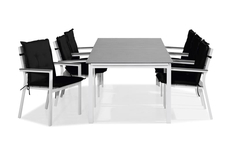 Tunis Spisebordssæt 220-280x90 + 6 Stabelstole m. Hynde - Hvid/Grå/Sort - Havemøbler børn - Havesæt