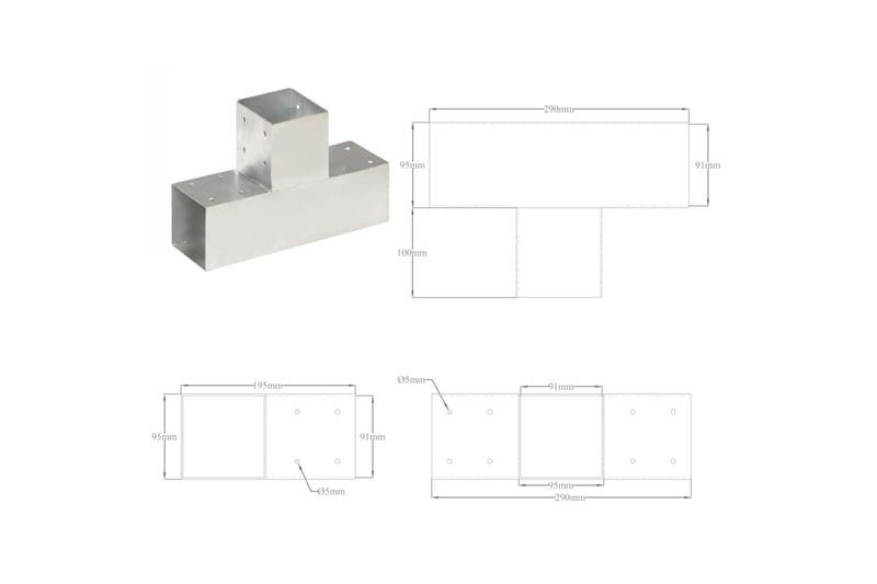 stolpebeslag T-form 4 stk. 91x91 mm galvaniseret metal - Sølv - Hus & renovering - Indsynsbeskyttelse & indhegning - Stakit - Stakitstolper