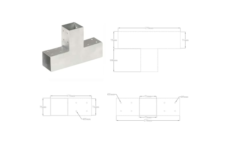 stolpebeslag T-form 71x71 mm galvaniseret metal - Sølv - Hus & renovering - Indsynsbeskyttelse & indhegning - Stakit - Stakitstolper