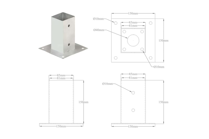 stolpefod 4 stk. 81 mm galvaniseret metal - Sølv - Hus & renovering - Indsynsbeskyttelse & indhegning - Stakit - Stakitstolper