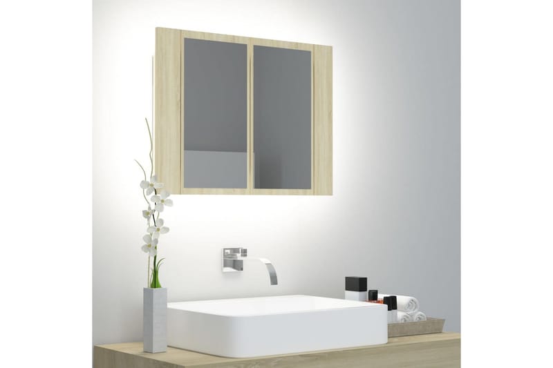 badeværelsesskab m. spejl + LED-lys 60x12x45 cm sonoma-eg - Brun - Spejlskabe