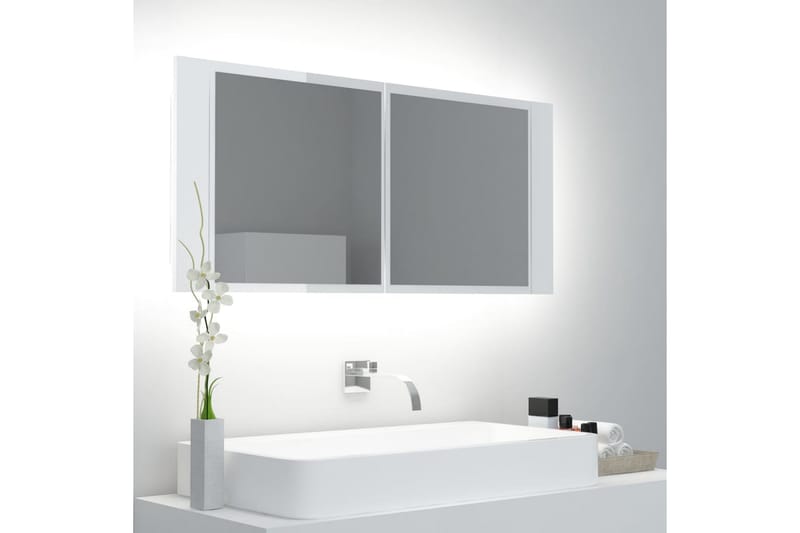 badeværelsesskab m. spejl og LED-lys 100x12x45 cm - Hvid - Spejlskabe