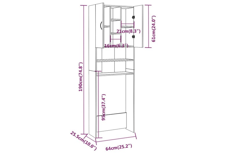 beBasic vaskemaskineskab 64x25,5x190 cm røget egetræsfarve - Badeværelsesskab