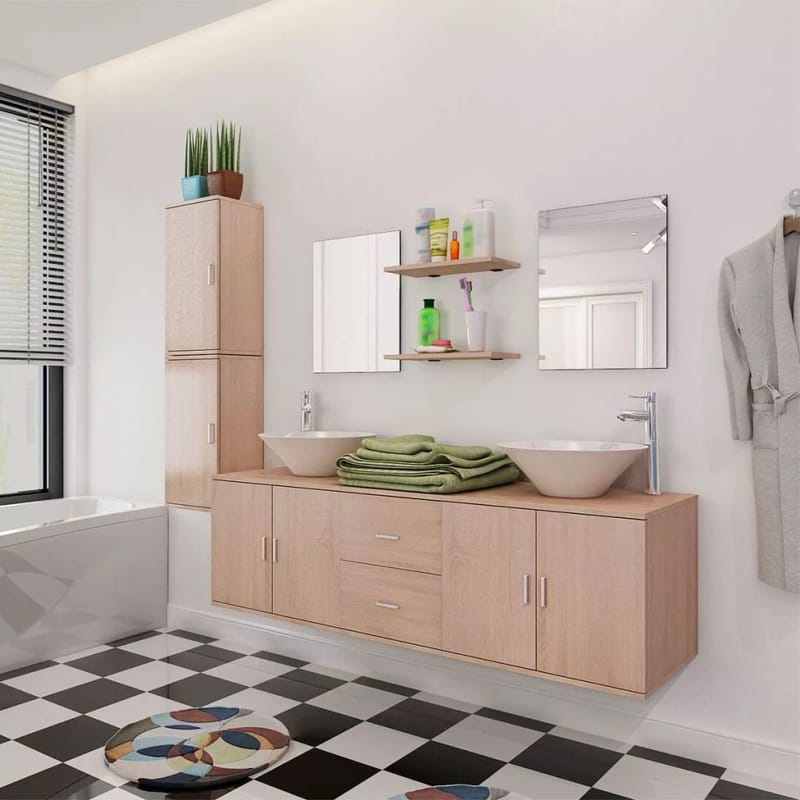 Sæt Med Badeværelsesmøbler Og Håndvask 9 Dele Beige - Beige - Komplette møbelpakker
