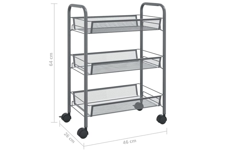 køkkenvogn med 3 hylder 46x26x64 cm jern grå - Grå - Hus & renovering - Køkken & bad - Badeværelse - Badeværelsesmøbler - Rullevogn badeværelse