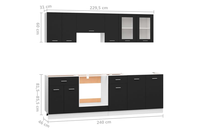 køkkenskabssæt 8 dele spånplade sort - Sort - Hus & renovering - Køkken & bad - Køkken & bryggers - Køkkenindretning - Køkkenskab