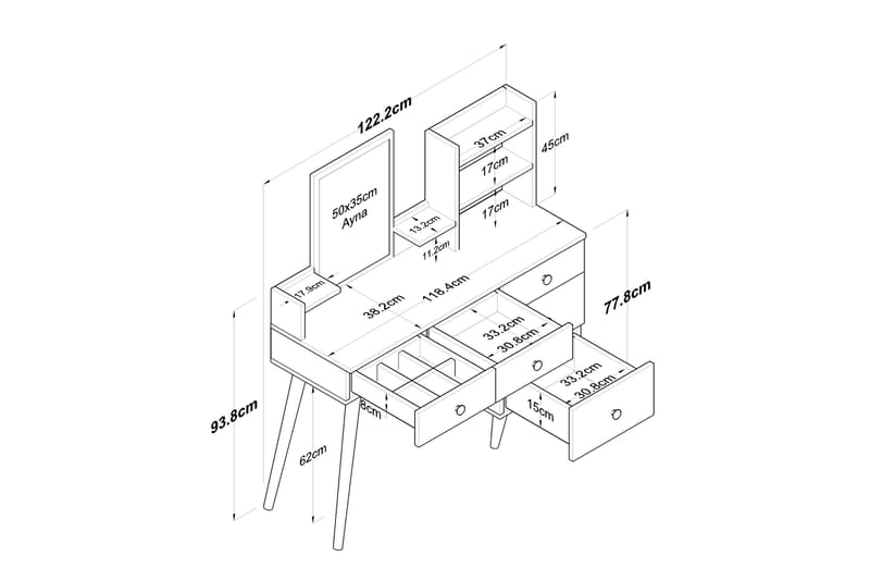 Junji Sminkebord 118,2x93,8 cm Hvid - Hanah Home - Møbler - Borde - Sminkebord & konsolbord