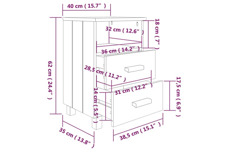 sengeborde 2 stk. 40x35x62 cm massivt fyrretræ gyldenbrun - Brun - Møbler - Borde - Aflastningsbord - Sengebord