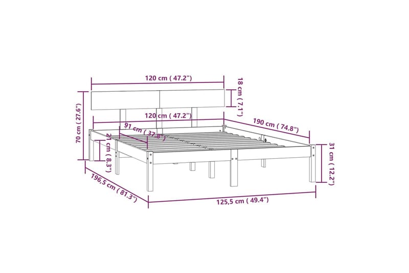 sengeramme 120x190 cm UK Small Double massivt fyrretræ - Brun - Møbler - Borde - Aflastningsbord - Sengebord