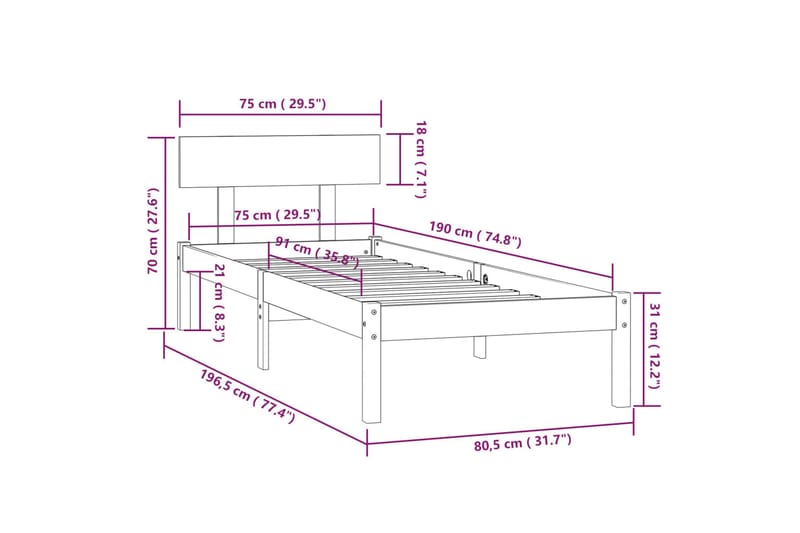 sengeramme 75x190 cm UK Small Single massivt fyrretræ - Brun - Møbler - Borde - Aflastningsbord - Sengebord