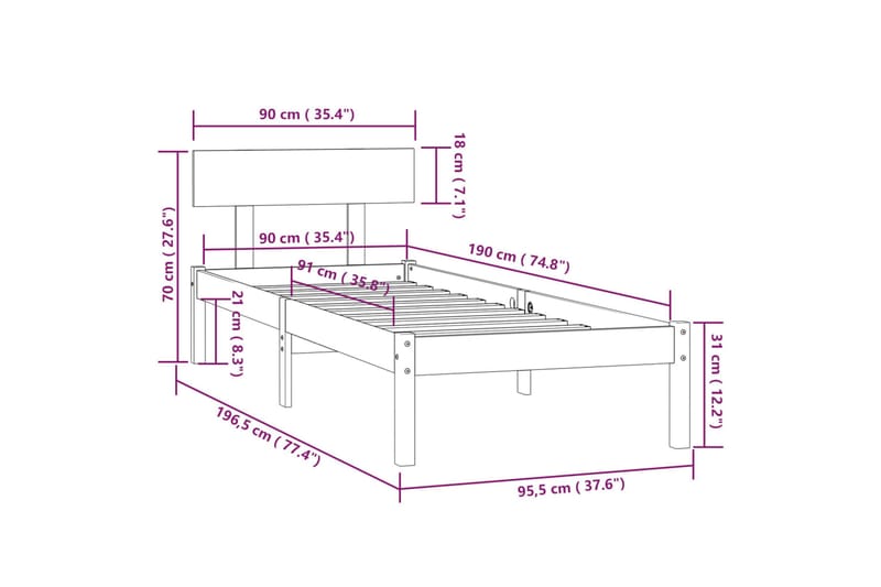 sengestel 90x190 cm UK Single massivt fyrretræ - Brun - Møbler - Borde - Aflastningsbord - Sengebord